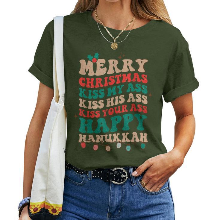 Merry Christmas Kiss My Ass Happy Hanukkah Groovy Xmas Women T-shirt