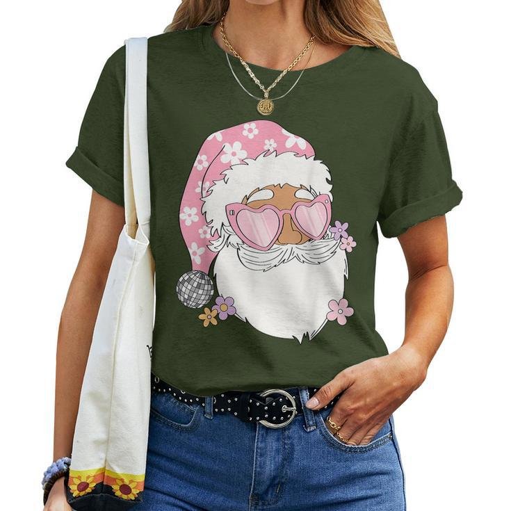 Pink Santa Retro Groovy Funky Disco Christmas Floral Women T-shirt