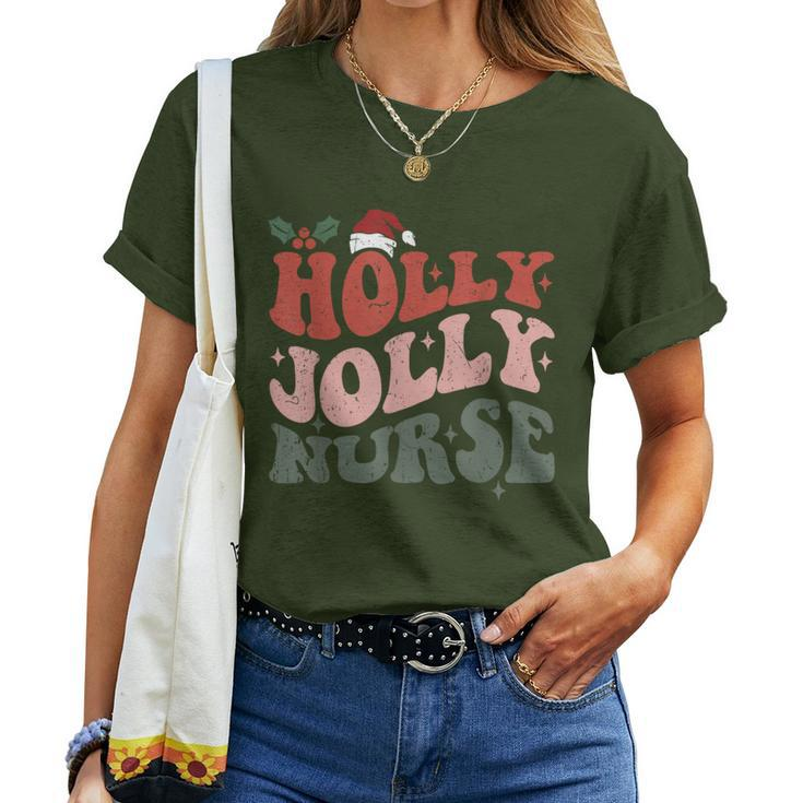 Holly N Jolly Nurse Santa Hat Groovy Christmas 2023 Women T-shirt
