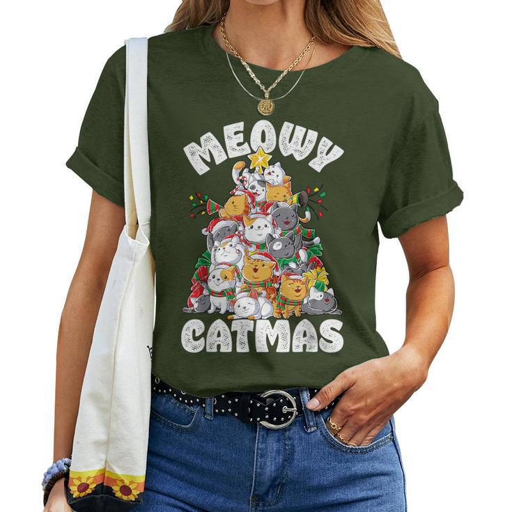 Meowy Catmas Cat Christmas Tree Xmas Girls Boys Santa Short Sleeve Women T-shirt