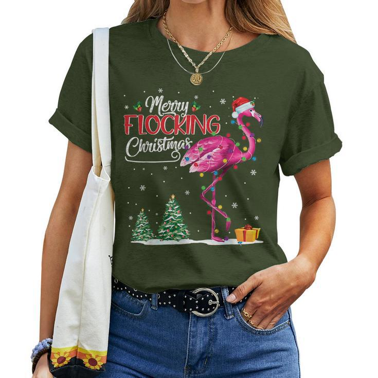 Merry Flocking Christmas Flamingo Pink In Santa Hat Xmas Gif Women T-shirt