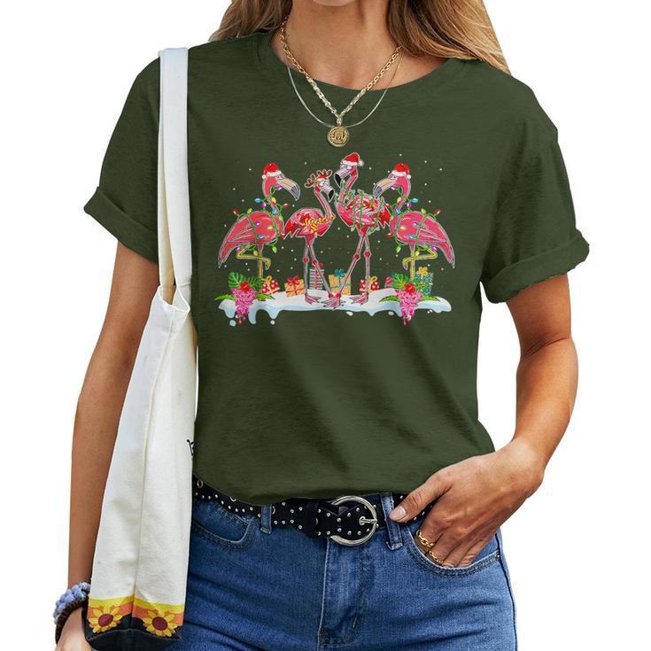 Pink Flamingo Christmas Lighting Xmas Tree Santa Hat Pajama Women T-shirt