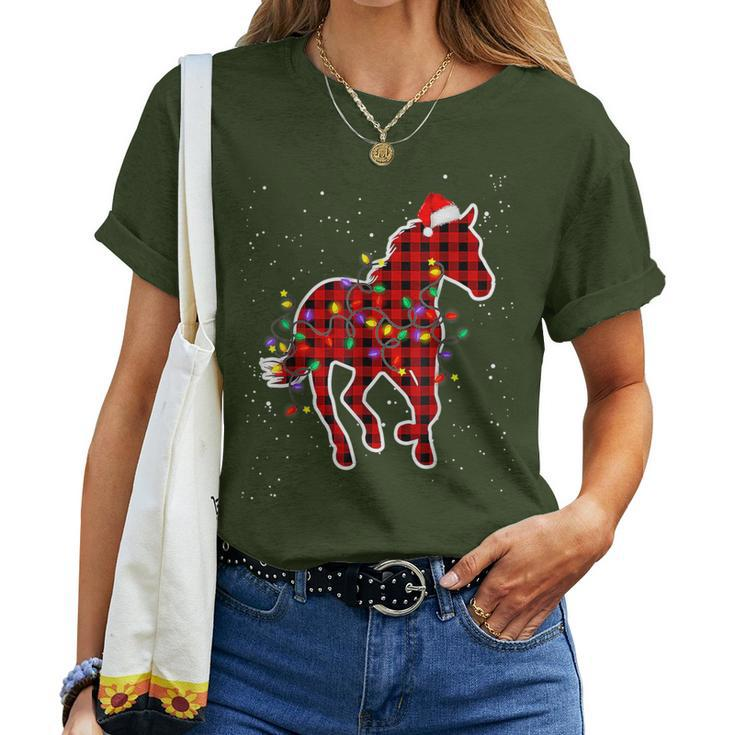 Red Buffalo Plaid Horse Christmas Pajamas Xmas Lights Family Women T-shirt