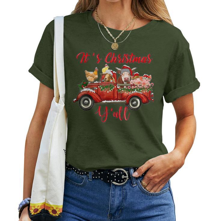 Red Farm Truck Farm Animal Farmer Girl It's Christmas Y'all Women T-shirt