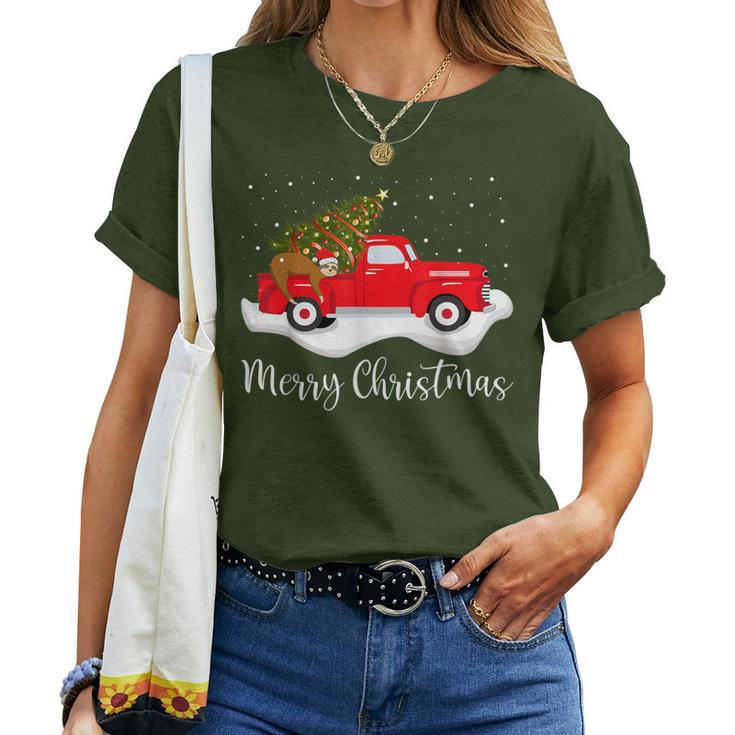 Red Truck Merry Christmas Tree Sloth Christmas Women T-shirt