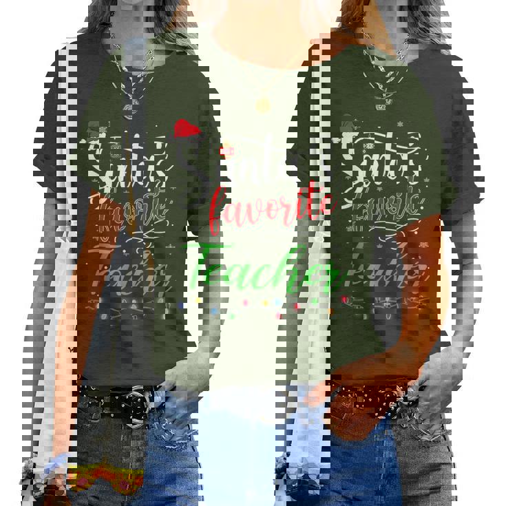 Santas Favorite Teacher Christmas Santa Hat Light Women T-shirt