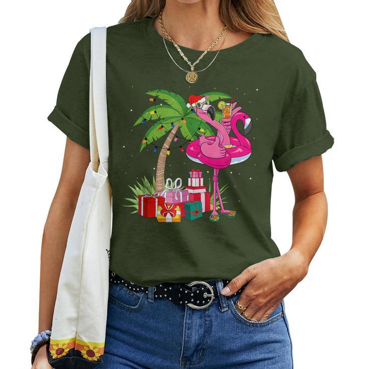 Tropical Pink Flamingo Christmas In July Summer Palm Tree Women T-shirt