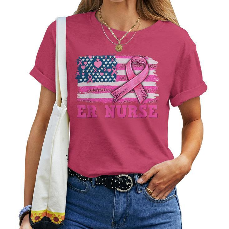 Er Nurse American Cancer Flag Cancer Warrior Pink Ribbon Women T-shirt