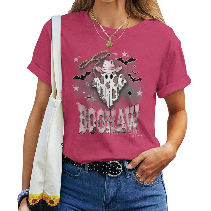 Pink Boohaw Ghost Halloween Cowgirl Western Country Women T-shirt