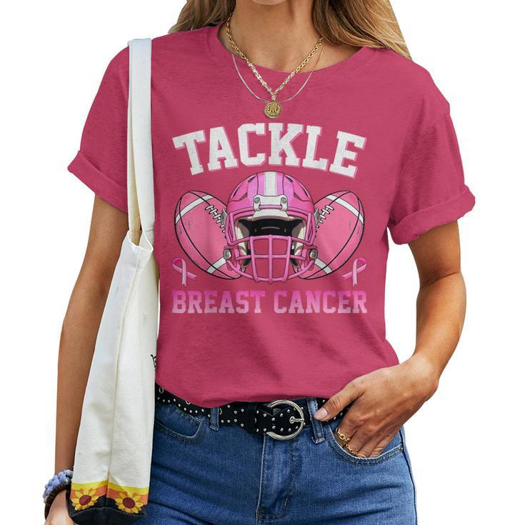 Tackle Breast Cancer Awareness Football Pink Ribbon Women T-shirt