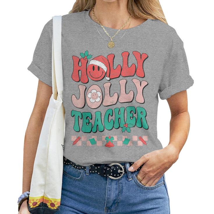 Groovy Retro Holly Xmas Jolly Teacher Christmas Vibes Hippie Women T-shirt