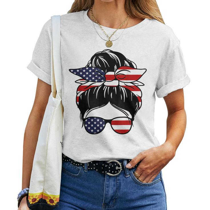 4Th Of July Messy Bun July Girl American Flag Girl Women Women T-shirt