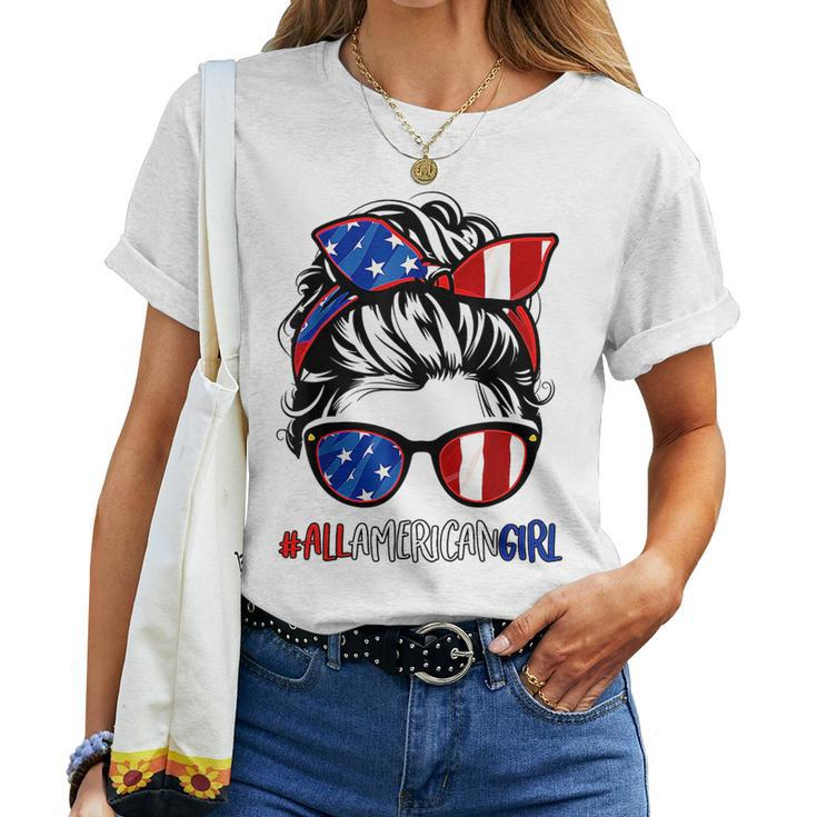 All American Girl 4Th Of July  Women Messy Bun Usa Flag  Women Crewneck Short T-shirt