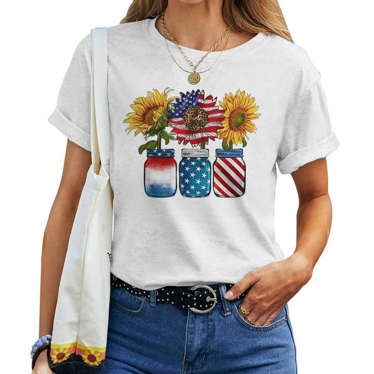 America Sunflower Usa Flag Flower T For American 4Th Of July  Women Crewneck Short T-shirt