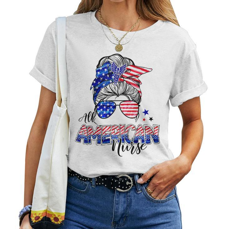American Flag Patriotic Nurse Messy Bun 4Th Of July Women T-shirt