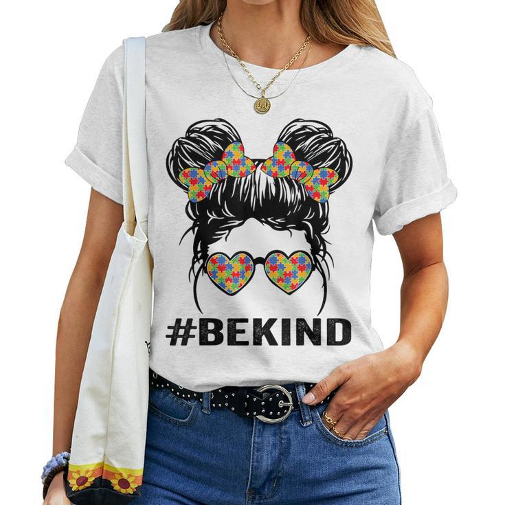 Autism Awareness Be Kind Messy Bun Glasses Autistic Support Women T-shirt