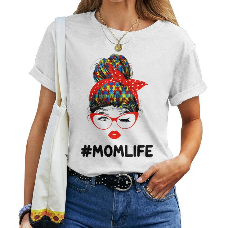 Autism Momlife Messy Bun Sunglasses Bandana Mother Day Women T-shirt