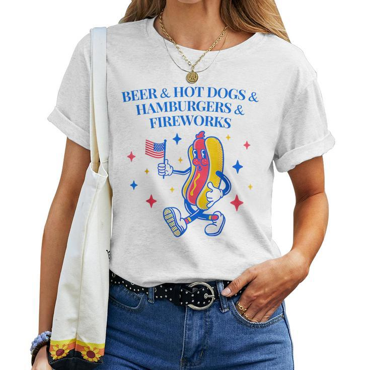 Beer & Hot Dogs & Hamburgers & Fireworks Funny 4Th Of July Women Crewneck Short T-shirt