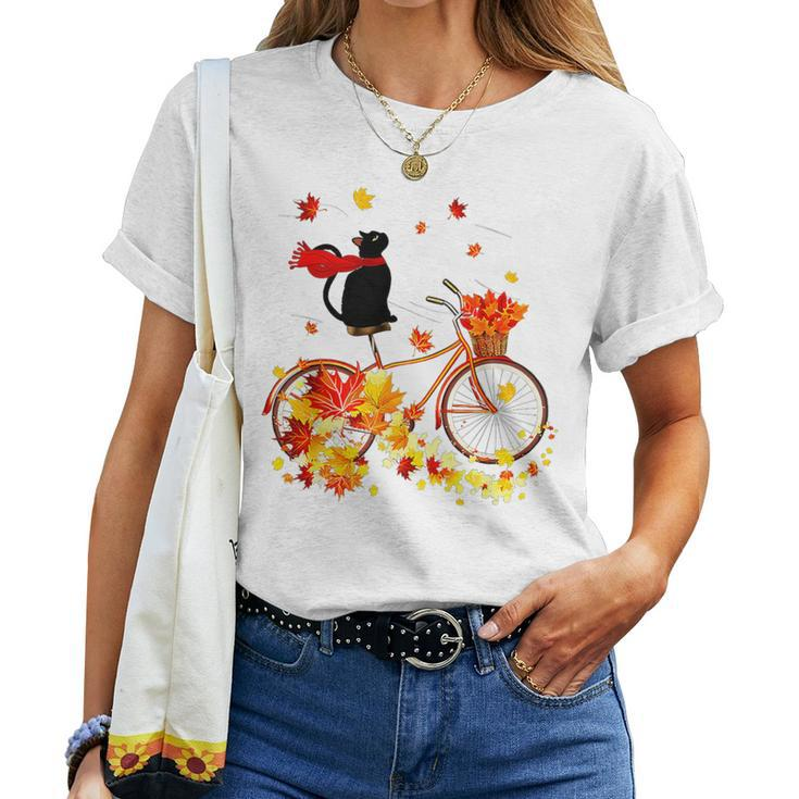 Black Cat Fall Bicycle Autumn Halloween Women T-shirt