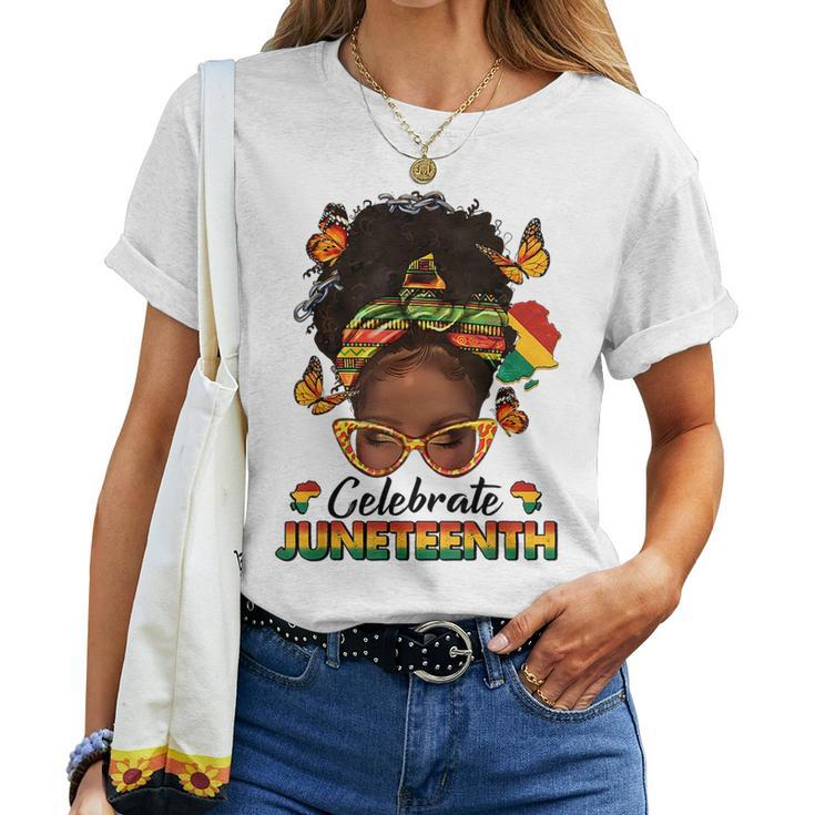 Black Women Messy Bun Junenth Celebrate Independence Day Women T-shirt