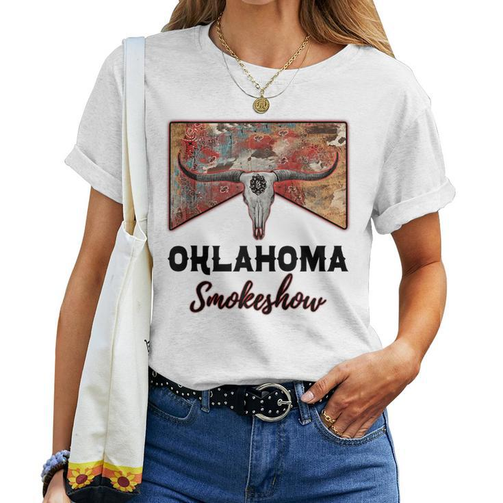 Boho Bull Skull Cow Print Oklahoma Smokeshow Western Country  Women T-shirt Short Sleeve Graphic