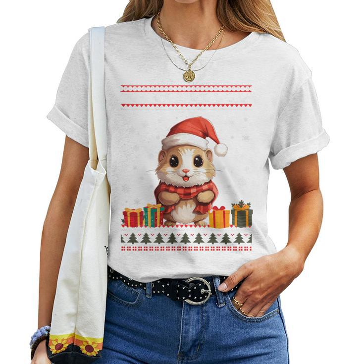 Christmas Hamster Santa Hat Ugly Christmas Sweater Women T-shirt