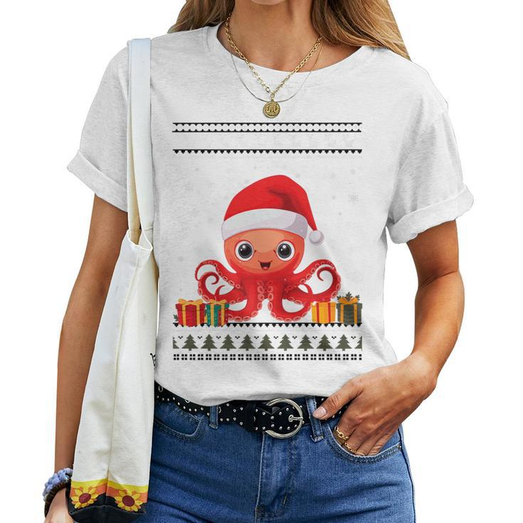 Christmas Octopus Santa Hat Ugly Christmas Sweater Women T-shirt