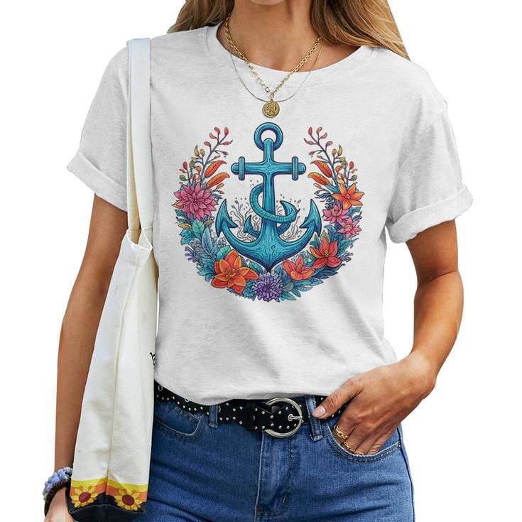 Colorful Flowers s Floral Nautical Sailing Boat Anchor Women T-shirt
