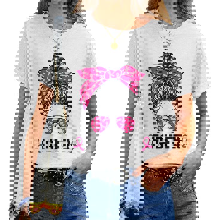 Fighter Messy Bun Breast Cancer Awareness Pink Warrior Women T-shirt
