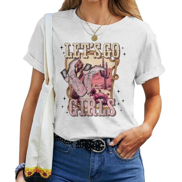 Lets Go Girl Cowboy Pink Boot Retro Western Country Women T-shirt