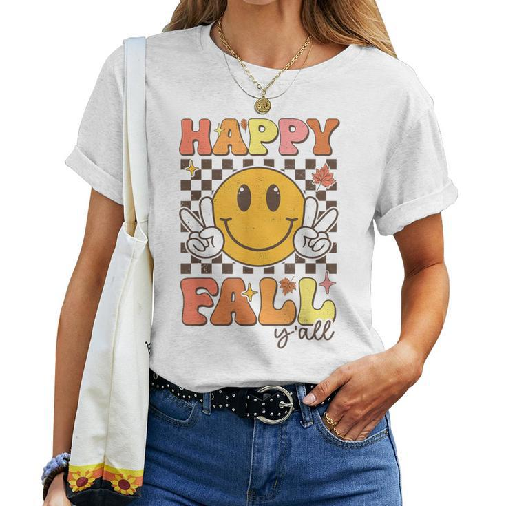 Happy Fall Y'all Retro Smile Face Thanksgiving Autumn Lovers Women T-shirt