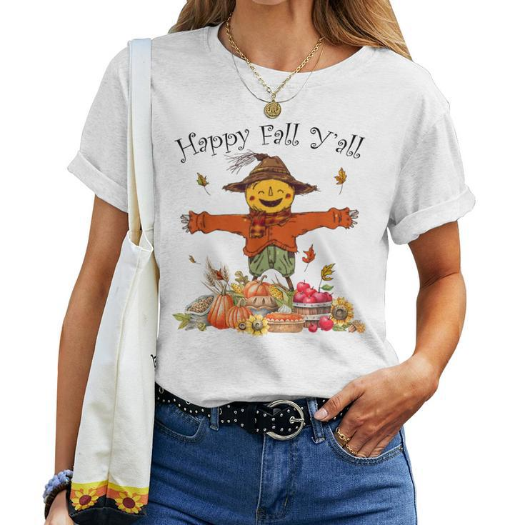 Happy Fall Yall Scarecrow Pumpkin Thanksgiving Halloween Women T-shirt