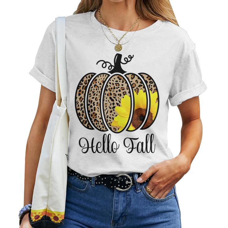 Hello Fall Sunflower Pumpkin Fall Y'all Leopard Autumn Women T-shirt