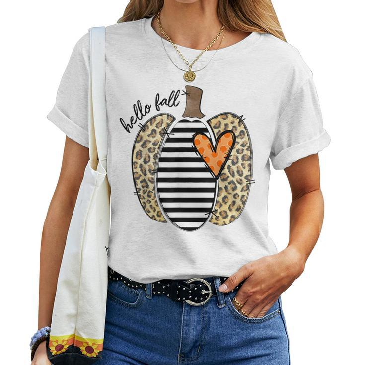 Hello Fall Yall Leopard Pumpkin Heart Happy Thanksgiving Women T-shirt