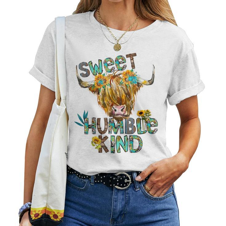 Highland Cow Sunflower Sweet Humble Kind Western Country Women T-shirt