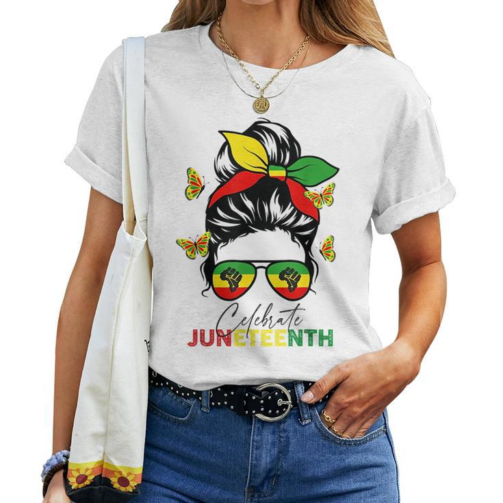 Junenth Celebrate Messy Bun Glasses Black Women Women T-shirt