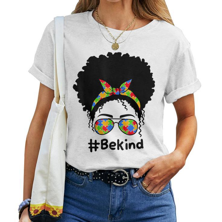 Be Kind Autism Awareness Messy Bun Girl Afro Woman Women T-shirt