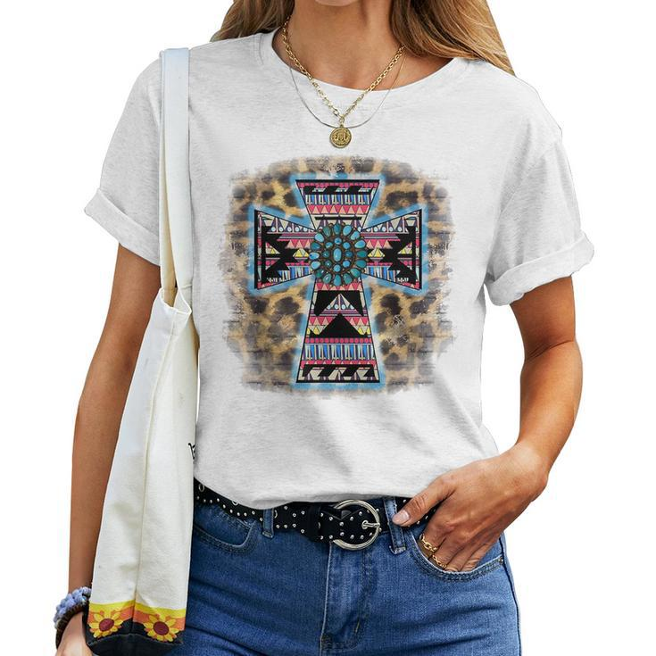 Leopard Turquoise Aztec Faith Cross Cowgirl Boho Rodeo Girl Faith Women T-shirt
