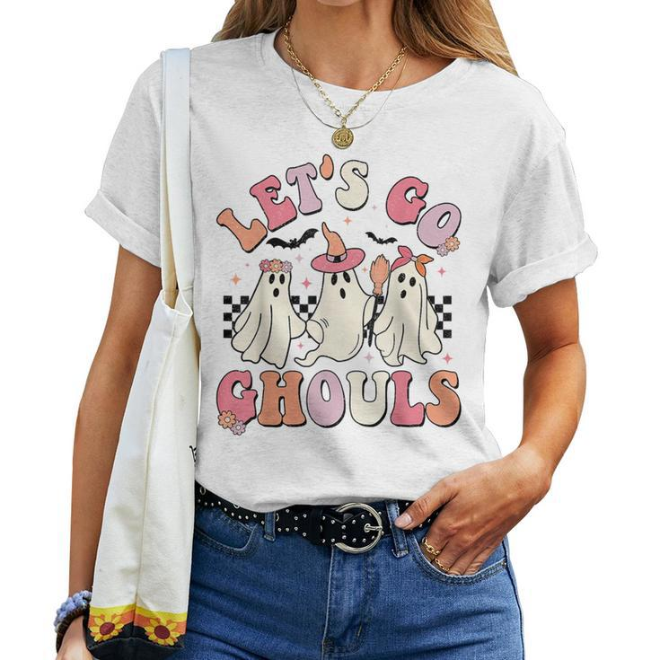 Let's Go Ghouls Halloween Ghost Outfit Costume Retro Groovy Women T-shirt