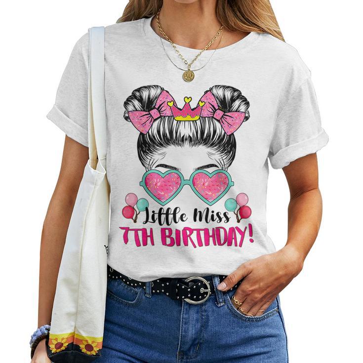 Little Miss 7Th Birthday Donut Girls Birthday 7 Years Old Women T-shirt