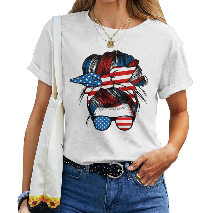 Messy Bun American Flag Glasses 4Th Of July Patriotic Mom Women T-shirt