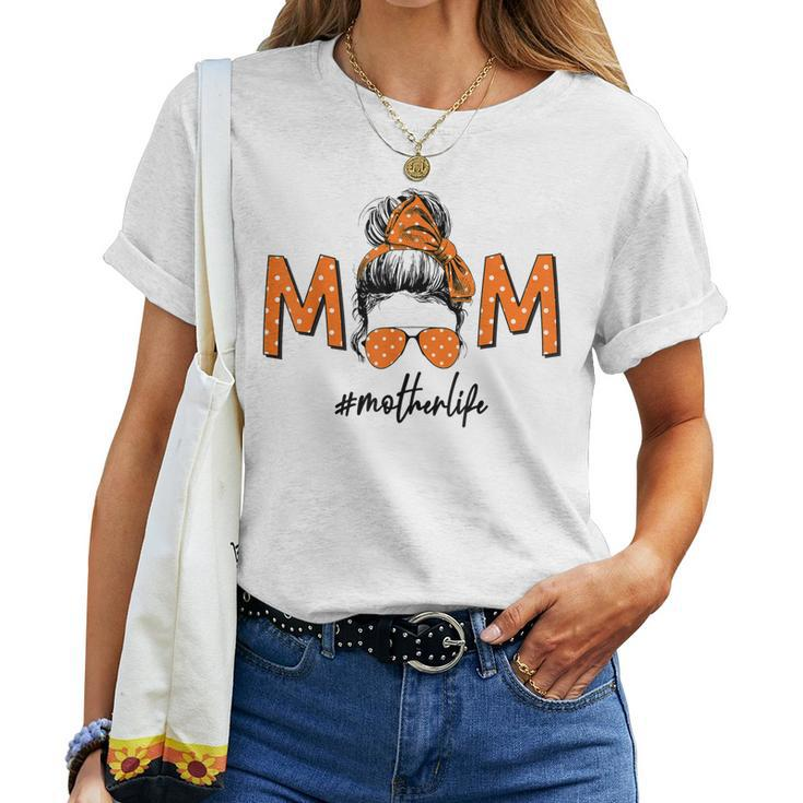 Mom Messy Bun Aviator Glasses Polka Dots Bandana Mother Life Women T-shirt