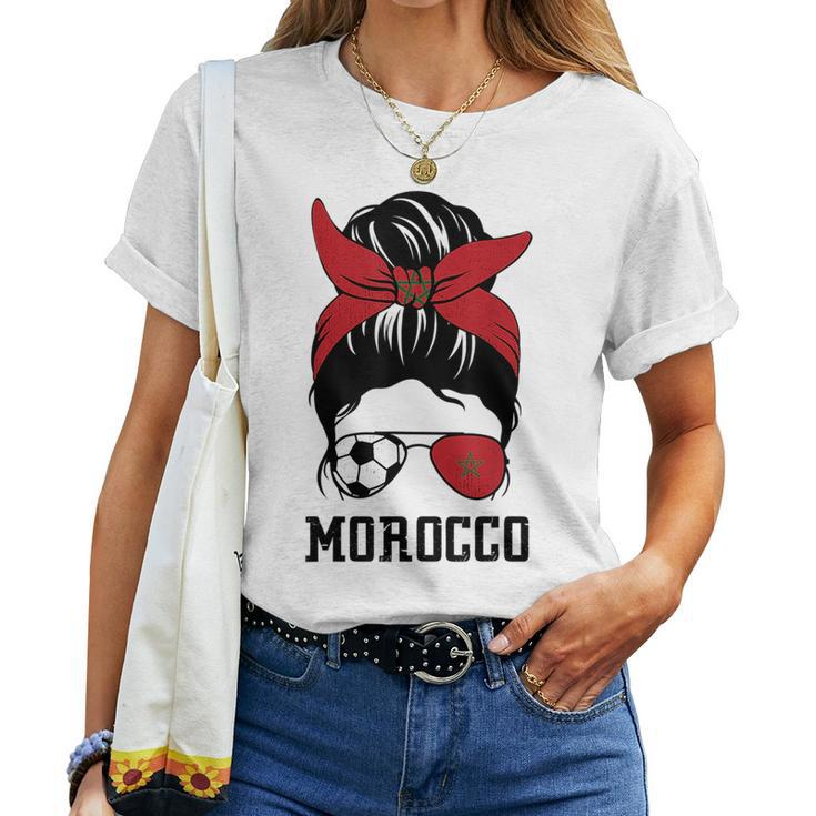 Moroccan Soccer Girl Mom Messy Bun Morocco Football Fan Women T-shirt