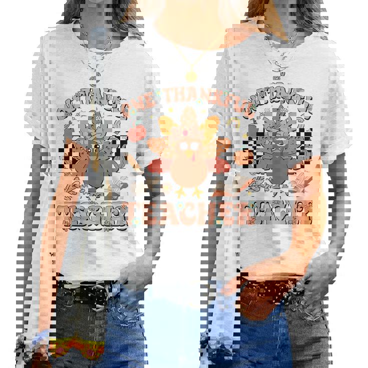 One Thankful Teacher Thanksgiving Retro Groovy Fall Teachers Women T-shirt