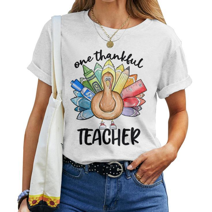 One Thankful Teacher Thanksgiving Turkey Cute Crayon Pencil Women T-shirt