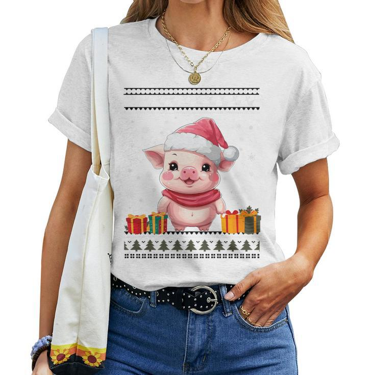 Pig Christmas Santa Hat Ugly Christmas Sweater Women T-shirt