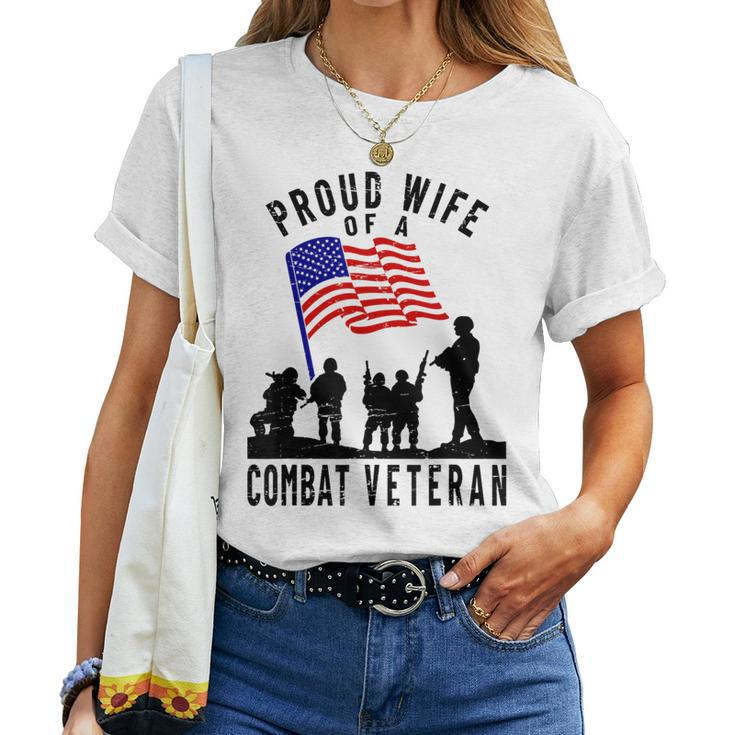Proud Wife Of A Combat Veteran Retro Us Flag Military Family Women T-shirt