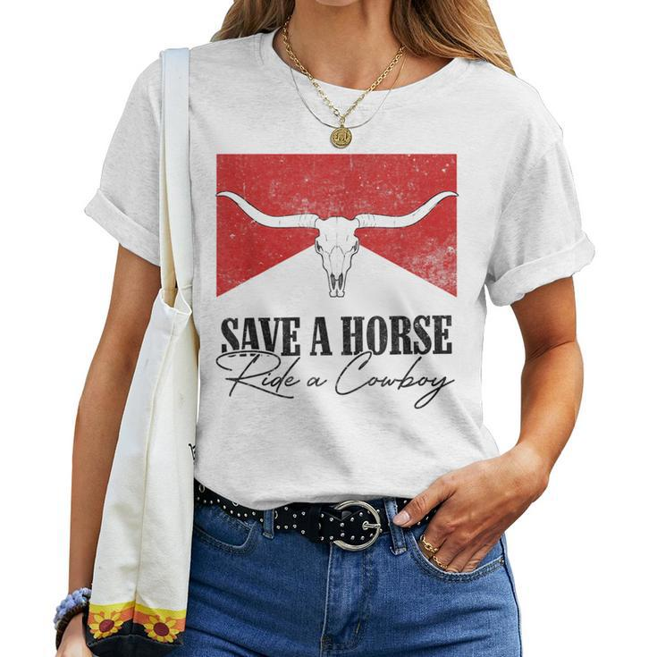 Retro Bull Skull Western Country Save A Horse Ride A Cowboy  Women T-shirt Crewneck Short Sleeve Graphic