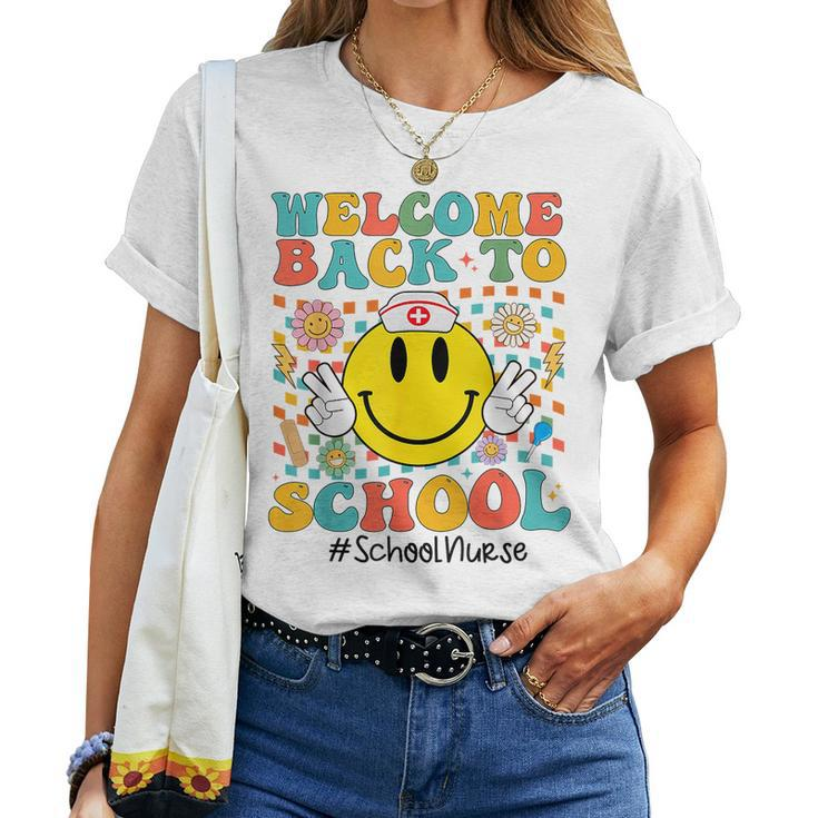 Retro Groovy Welcome Back To School Shool Nurse Smile Face Women T-shirt