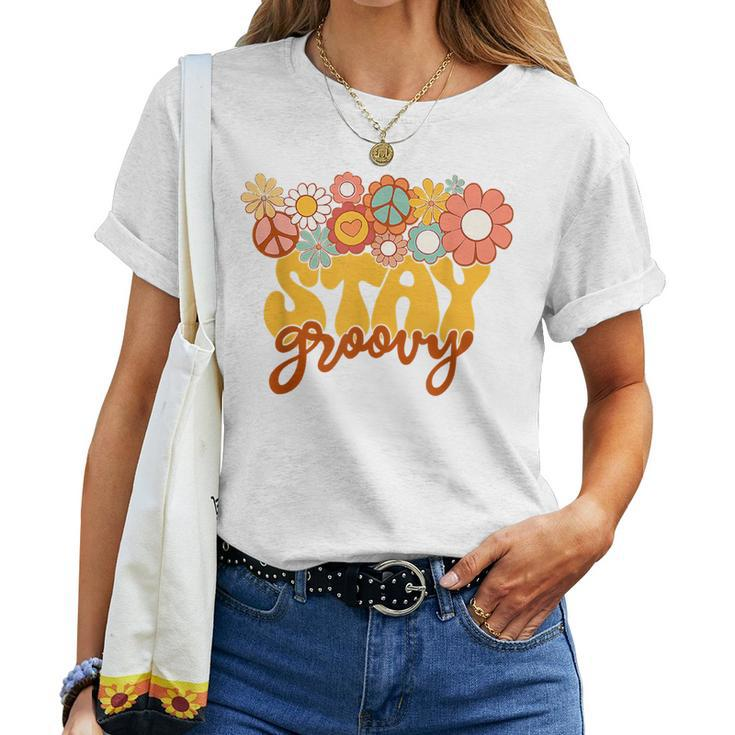 Retro Sunflower Hippie Stay Groovy Positive Mind Happy Life Women T-shirt